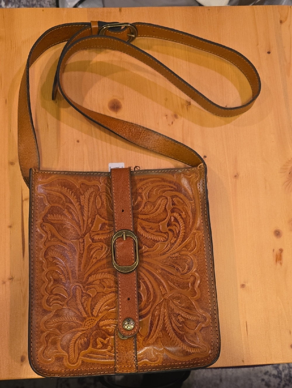 Patricia Nash Tooled Leather Crossbody Bag in Caramel Brown